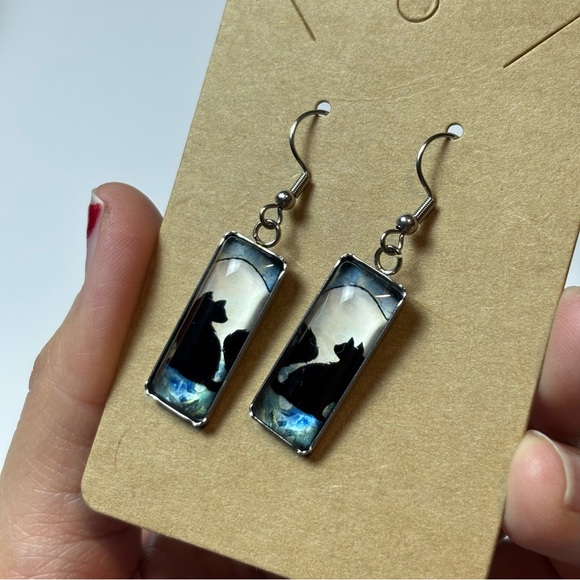 Simple Cat Silhouette on Moon Women’s Dangle Fashion Earrings, Gift for Cat Mom - Picture 2 of 4